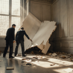 Two businesspeople removing a wall section with golden light revealing a blank exhibit space and white panels.