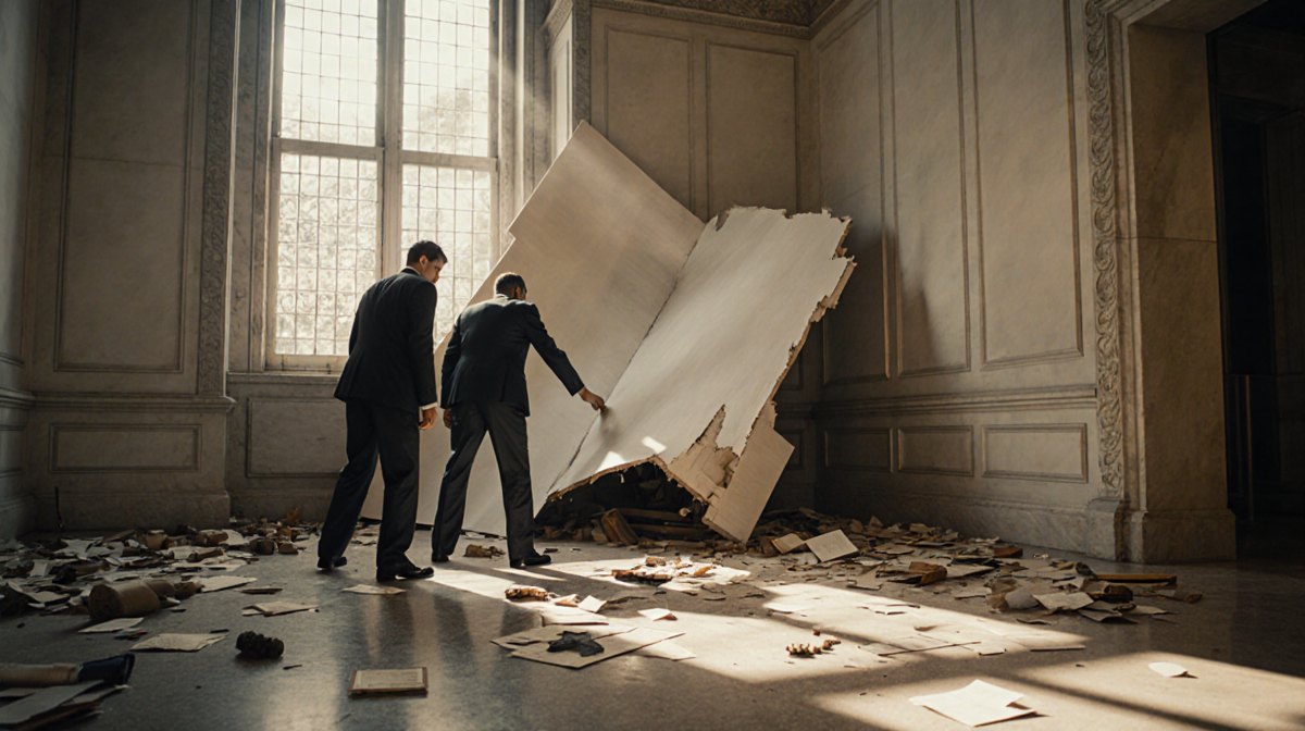 Two businesspeople removing a wall section with golden light revealing a blank exhibit space and white panels.