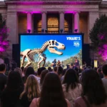 Diverse guests gather around glowing T-Rex exhibit with 2026 theme logo and live music stage