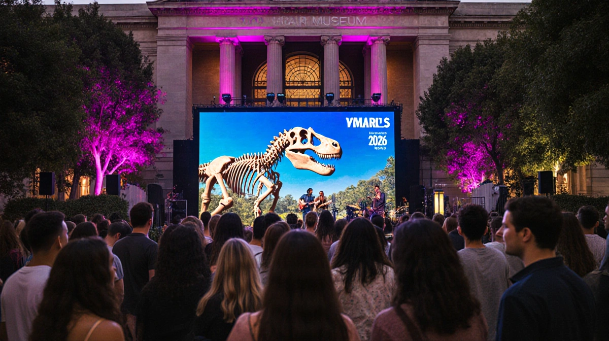 Diverse guests gather around glowing T-Rex exhibit with 2026 theme logo and live music stage
