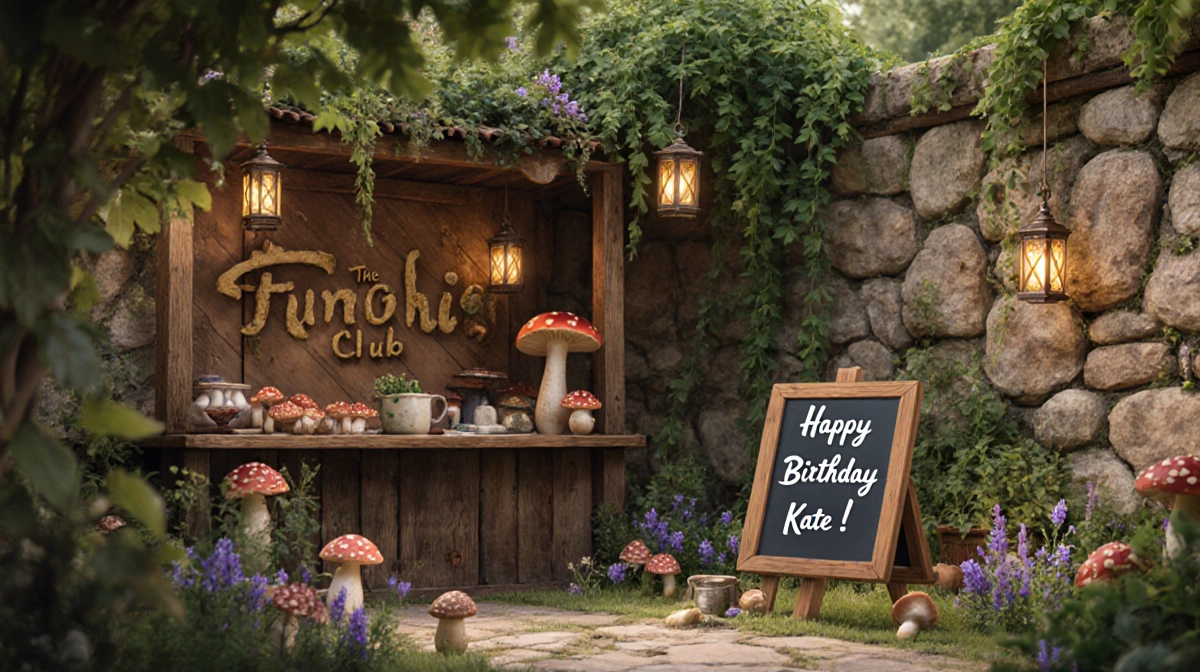 Rustic outdoor bistro setting with stone walls and lanterns shows birthday message on wooden board with mushrooms and wildflo