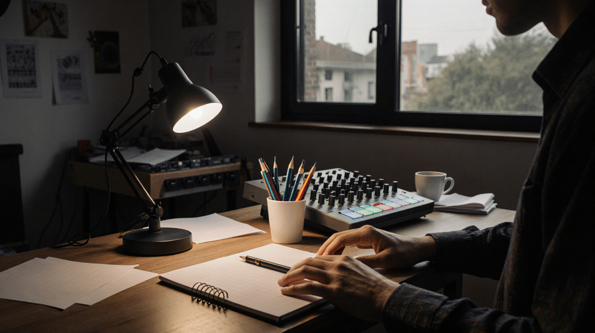 Musician's hands poised over mixing console with warm lamp glow and natural window light.
