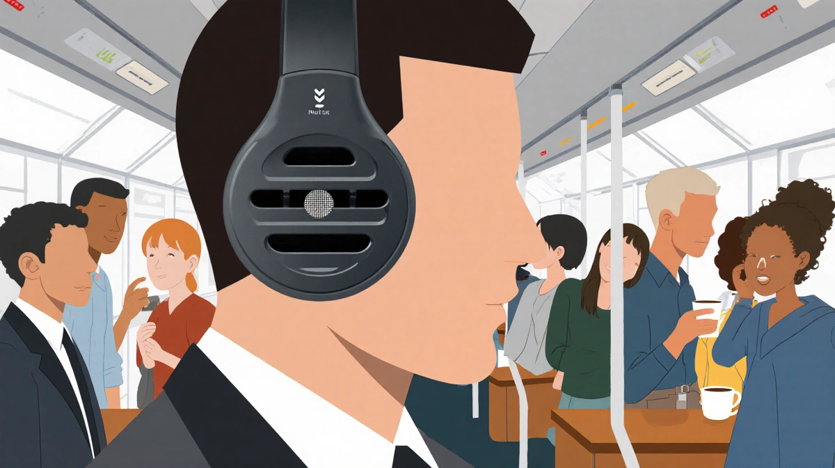 Person wearing Mutalk 2 microphone on crowded train with oversized chamber and vent slots visible while others sit nearby