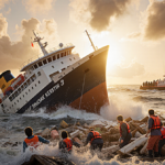 Sinking ferry spills cargo and passengers with rescue boats rushing and a golden sunset behind.