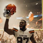 Myles Garrett raises his helmet in triumph with golden light and a blurred crowd of fans in a football stadium