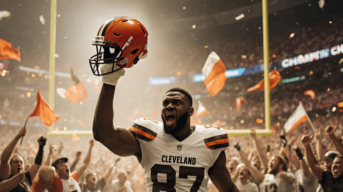 Myles Garrett raises his helmet in triumph with golden light and a blurred crowd of fans in a football stadium