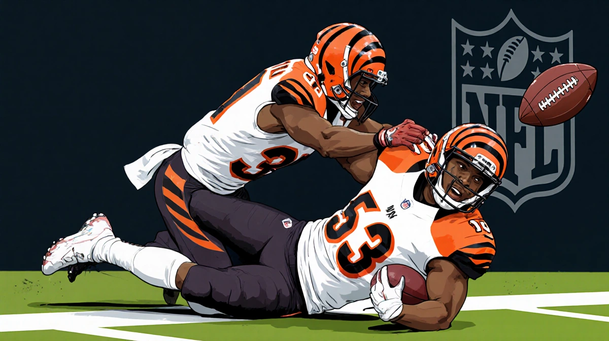 Myles Garrett bulldozing Orlando Brown Jr. with force as Joe Burrow hits ground during a sack and the football ball flies out