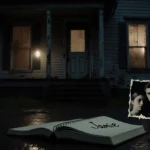 Detective notebook lies open showing Jamie note with torn photo of Katie and Jamie near boarded house with flickering light