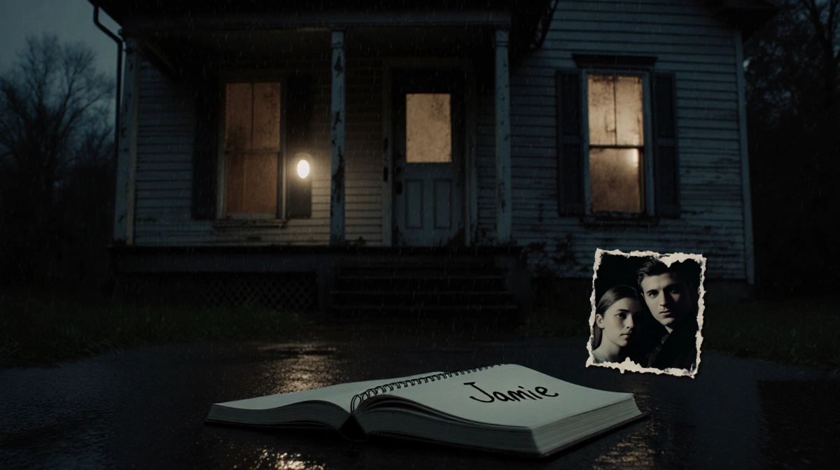 Detective notebook lies open showing Jamie note with torn photo of Katie and Jamie near boarded house with flickering light