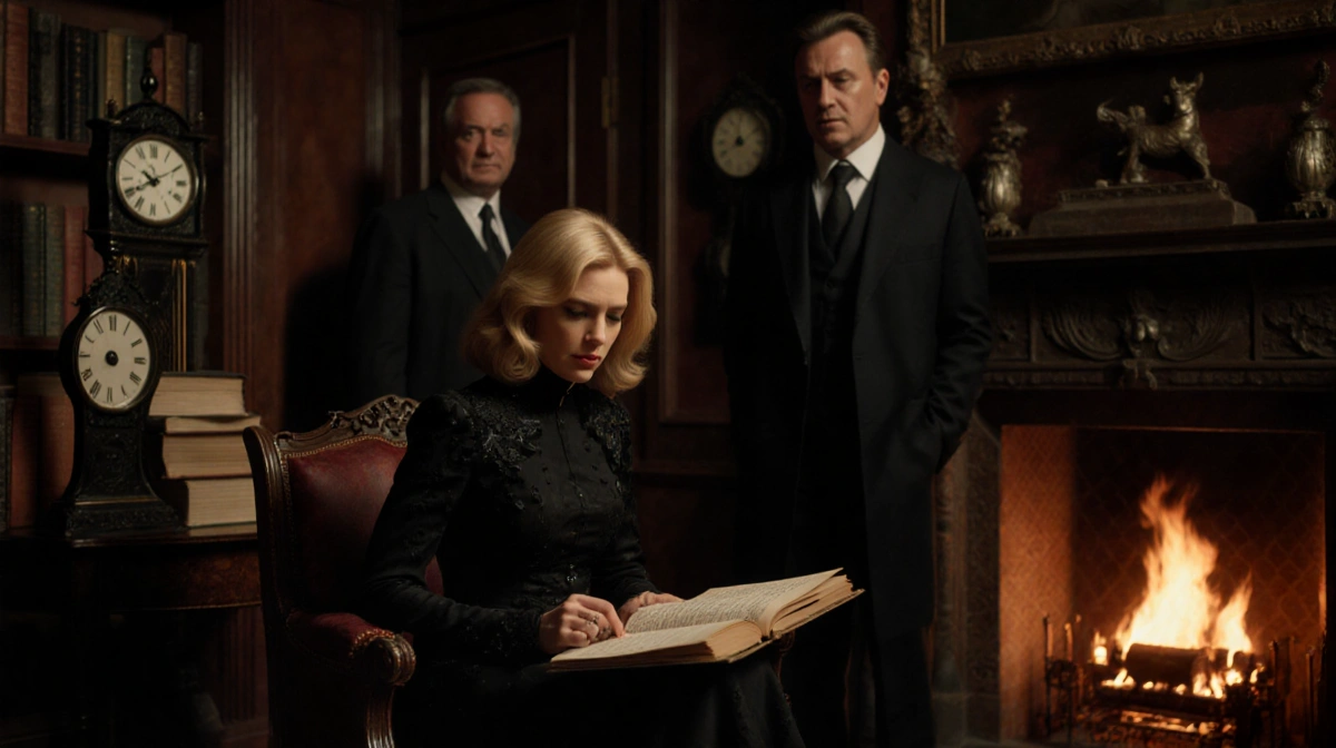 Michelle Pfeiffer reading mysterious manuscript with Kurt Russell by fireplace and Will Arnett lurking in shadows