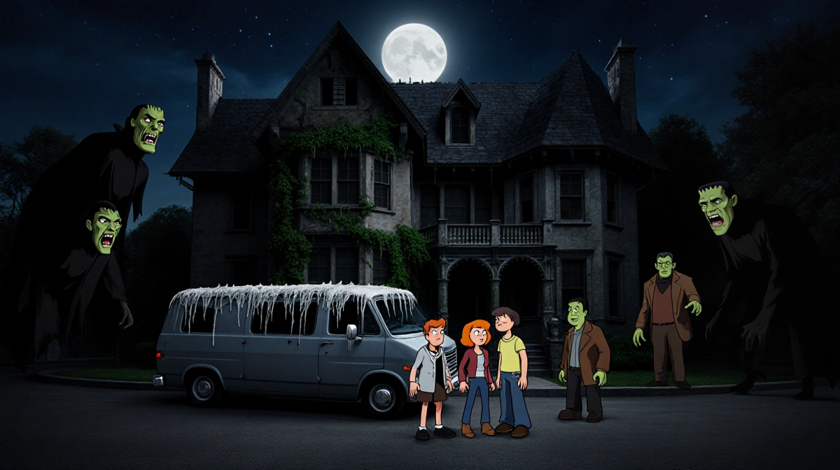 Mystery Inc gang standing nervously by van with Dracula and Wolf Man lurking in shadows near abandoned mansion