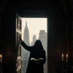 Lone figure reaches for open book with ornate library door and Boston skyline silhouettes behind flickering candles