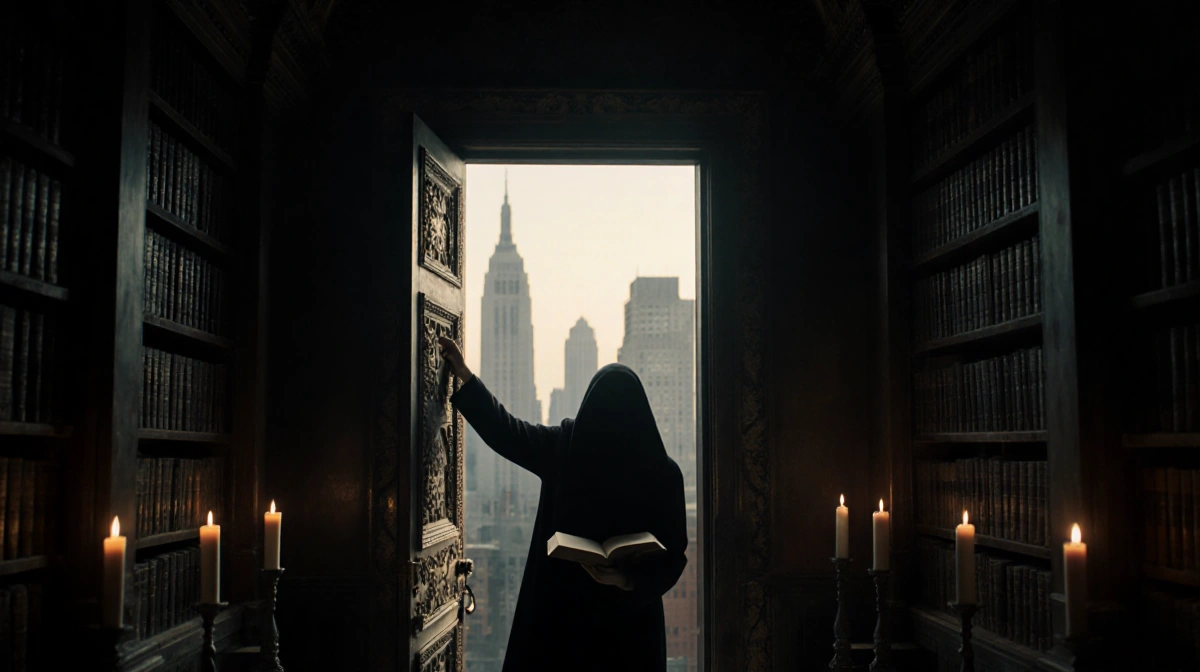 Lone figure reaches for open book with ornate library door and Boston skyline silhouettes behind flickering candles