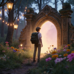 Young adult with backpack standing before glowing portal for adventure in mystical forest with fairy lights and lanterns