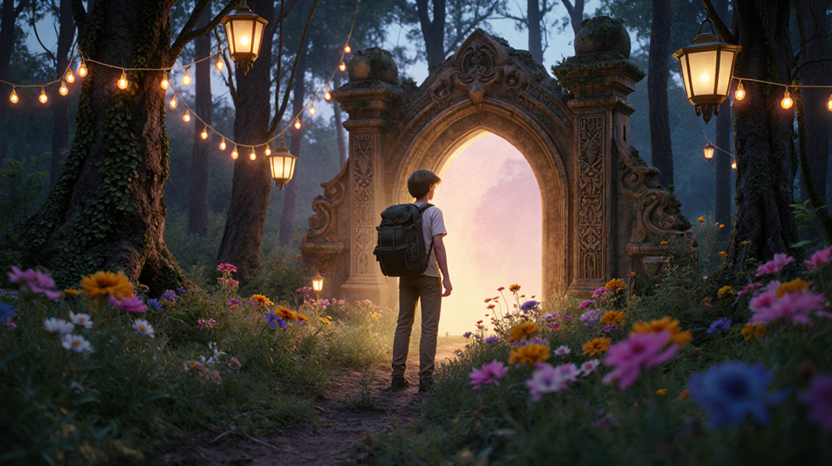 Young adult with backpack standing before glowing portal for adventure in mystical forest with fairy lights and lanterns