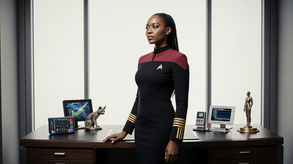 Nahla Ake standing in sleek office with ancient artifacts and futuristic tech exuding calm leadership
