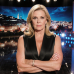 Nancy Lee Grahn stands with arms crossed looking into camera with stage lights reflecting off TV studio floor