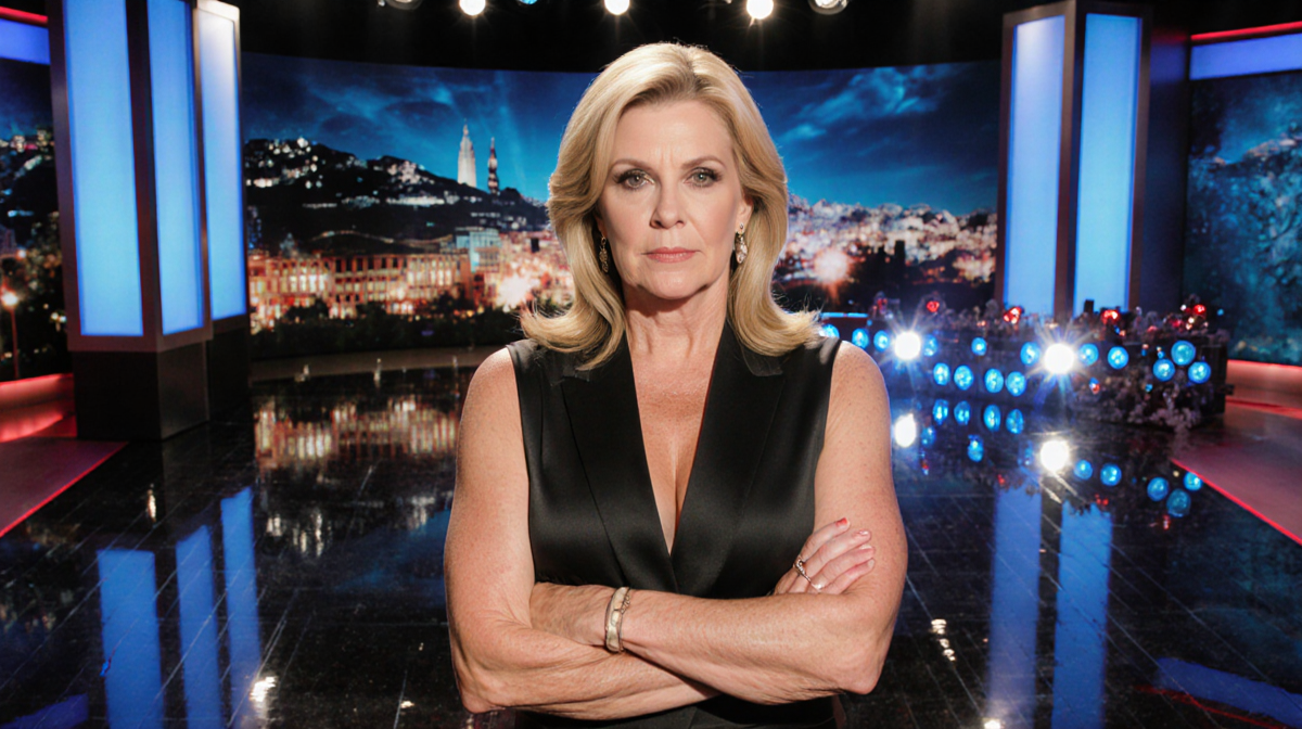 Nancy Lee Grahn stands with arms crossed looking into camera with stage lights reflecting off TV studio floor