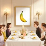 Elegant dinner table with guests chatting and nano banana pro print centerpiece glowing under warm candlelight