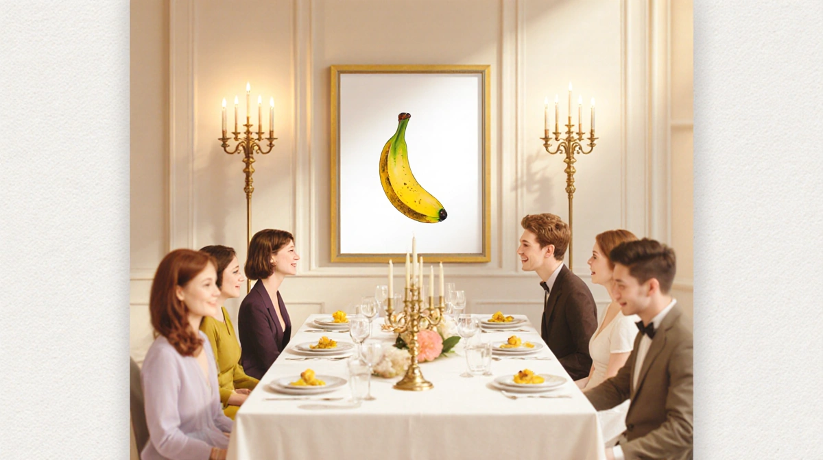 Elegant dinner table with guests chatting and nano banana pro print centerpiece glowing under warm candlelight