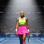 Naomi Osaka walking onto the Australian Open court with outfit and spotlight illuminating her stride, tennis balls nearby.