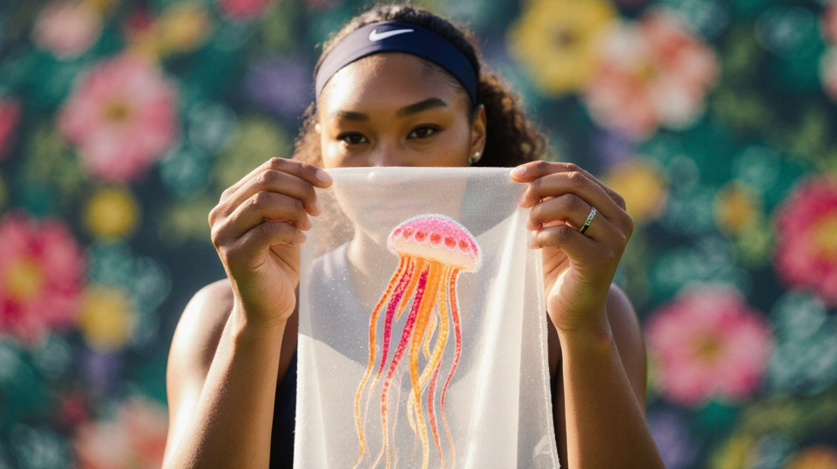Naomi Osaka holding a translucent jellyfish‑inspired fabric swatch with warm glow and floral background