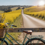 Vintage bicycle leaning against fence with basket full of mustard flowers and fresh blooms on sunny Napa Valley road