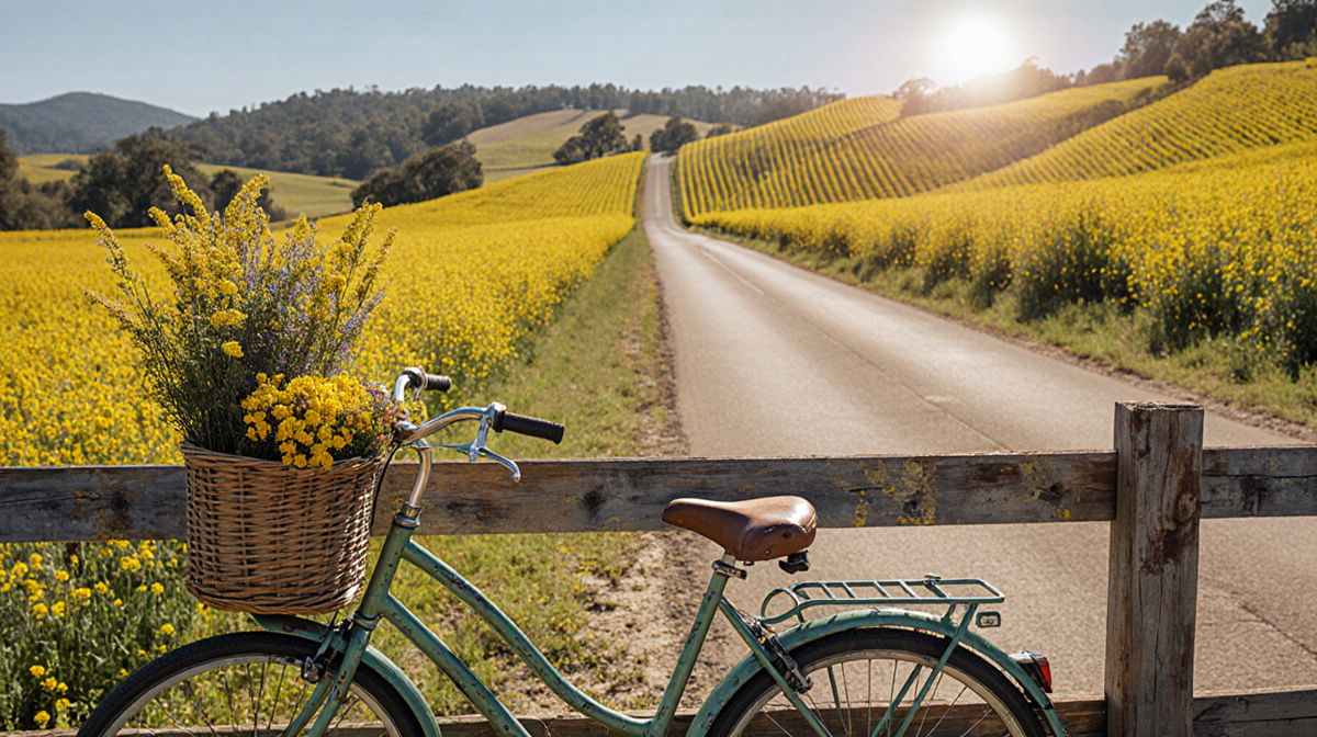 Vintage bicycle leaning against fence with basket full of mustard flowers and fresh blooms on sunny Napa Valley road