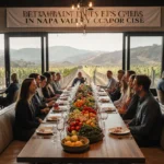 Diners laughing over colorful seasonal produce with a Restaurant Weeks banner and Napa Valley vineyards in the background