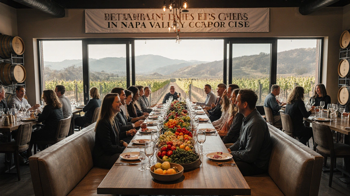 Diners laughing over colorful seasonal produce with a Restaurant Weeks banner and Napa Valley vineyards in the background