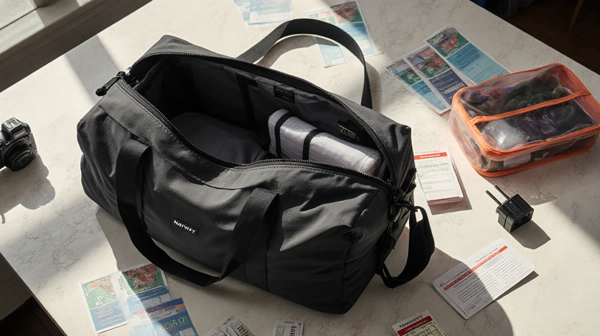 Foldable travel duffel bag lies open on desk with boarding passes and adapters showing compact interior design