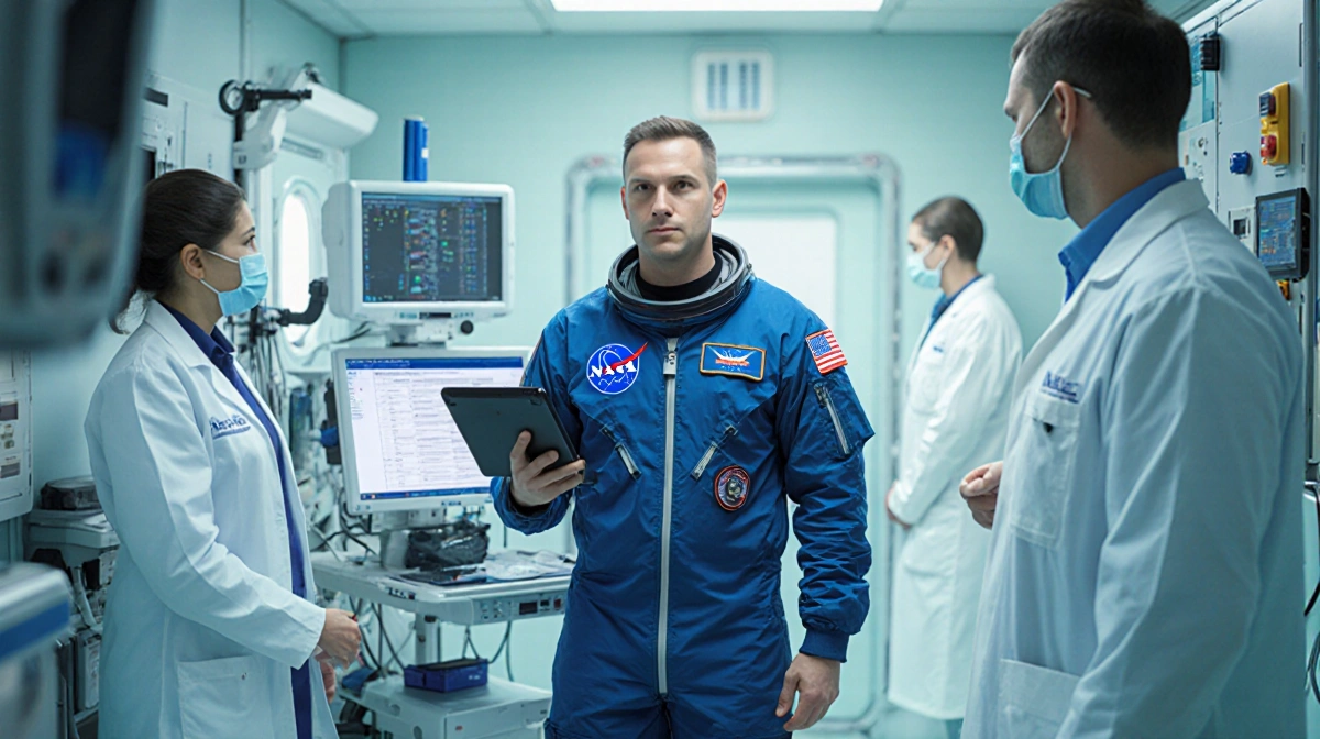 NASA astronaut consulting with medical staff at monitoring station with tablet showing medical report and white coat personne