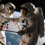 NASA astronauts prepare to exit ISS airlock with Earth visible through window and golden light illuminating their faces