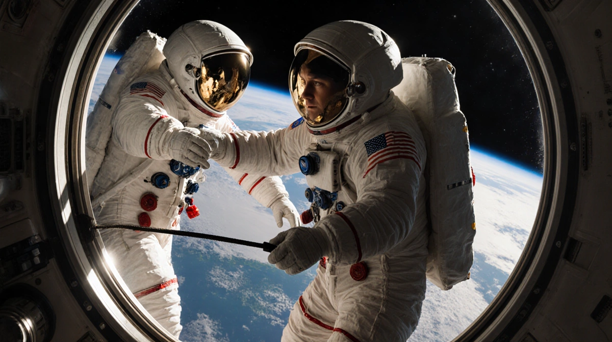 NASA astronauts prepare to exit ISS airlock with Earth visible through window and golden light illuminating their faces