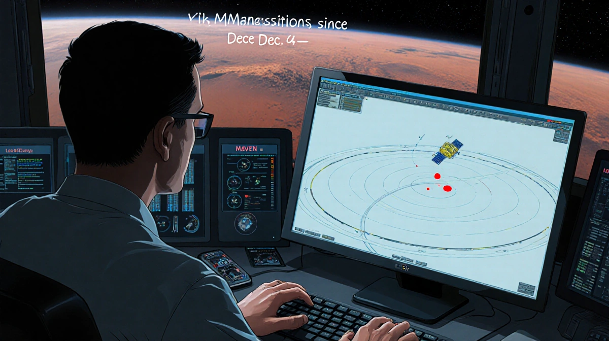 NASA engineer typing on keyboard with screen showing Mars orbit and red dot of MAVEN and dim control panel readout