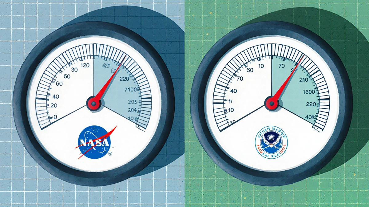 NASA and NOAA thermometers showing identical climate data with different color schemes and grid background