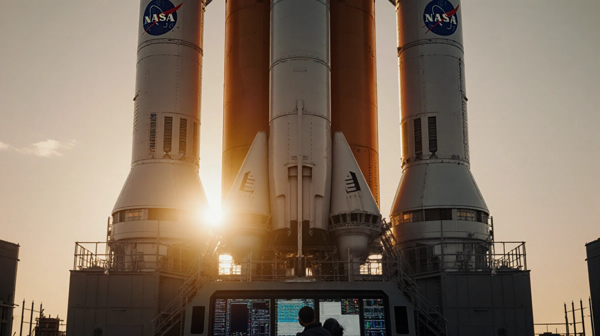 NASA engineer inspecting Space Launch System rocket at dawn with launchpad infrastructure visible behind