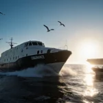 NASA spacecraft gliding through ocean waters at dawn with rescue boat approaching and sunrise glowing behind distant aircraft