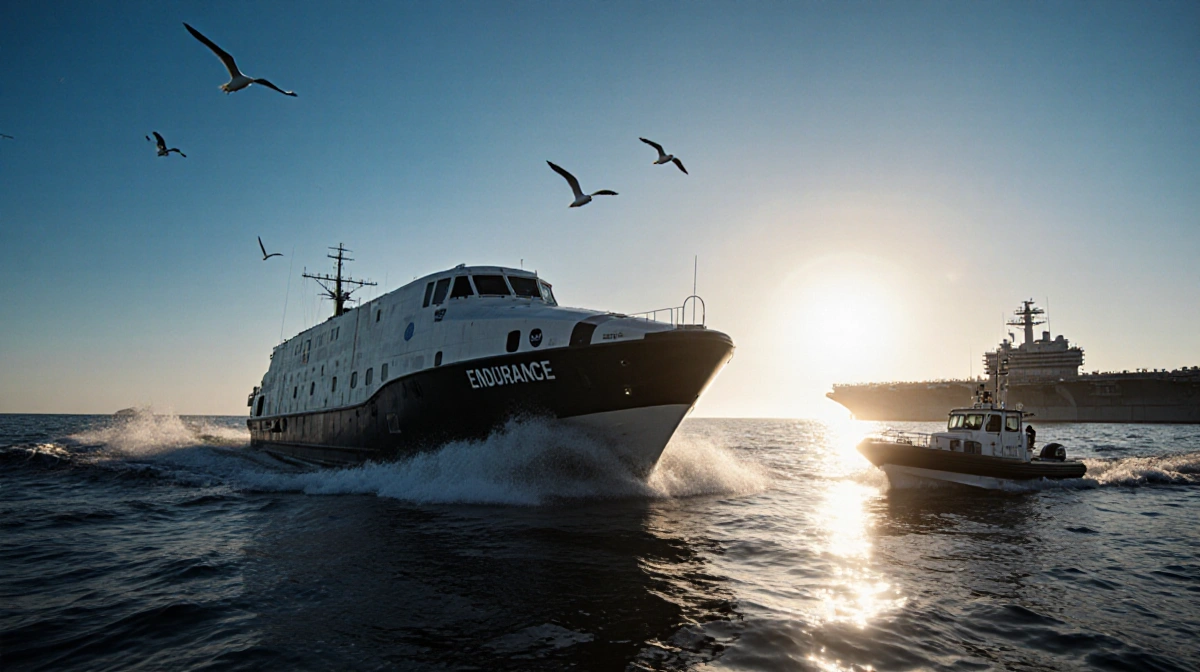 NASA spacecraft gliding through ocean waters at dawn with rescue boat approaching and sunrise glowing behind distant aircraft