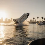 NASA spacecraft splashing down in ocean with rescue boats and San Diego skyline at sunrise