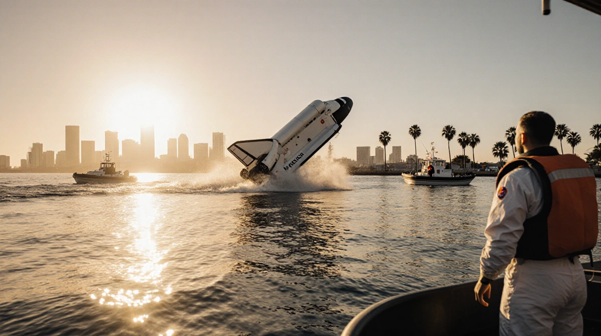 NASA spacecraft splashing down in ocean with rescue boats and San Diego skyline at sunrise
