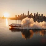 NASA spacecraft splashing down at sunset with San Diego skyline reflected in water and naval ships nearby