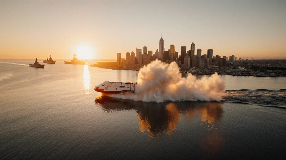 NASA spacecraft splashing down at sunset with San Diego skyline reflected in water and naval ships nearby
