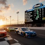 NASCAR cars racing past checkered flag at Daytona with sunset behind and scoreboard showing playoff standings