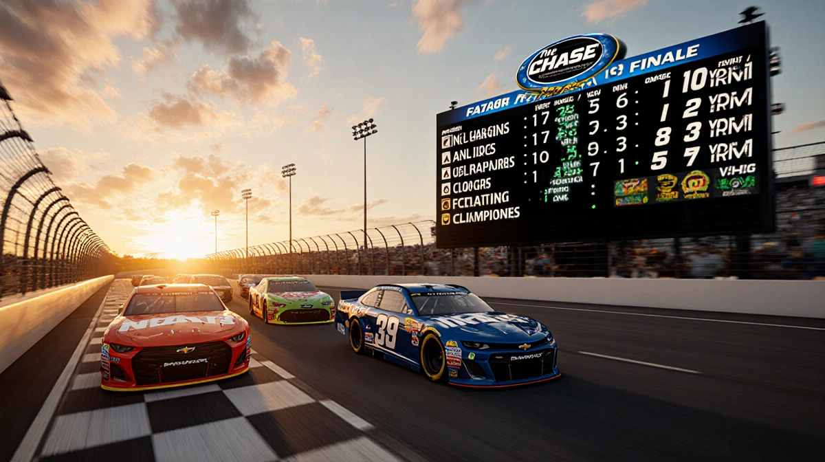 NASCAR cars racing past checkered flag at Daytona with sunset behind and scoreboard showing playoff standings