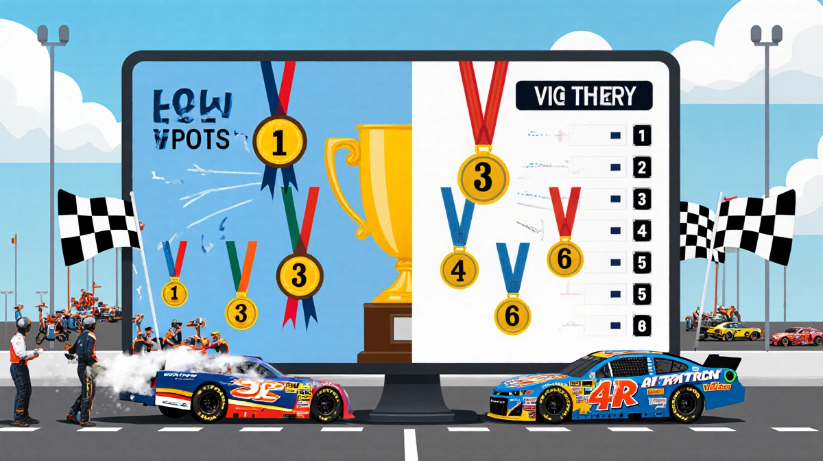 Split-screen NASCAR scoring system compares traditional points with victory trophies and checkered flags