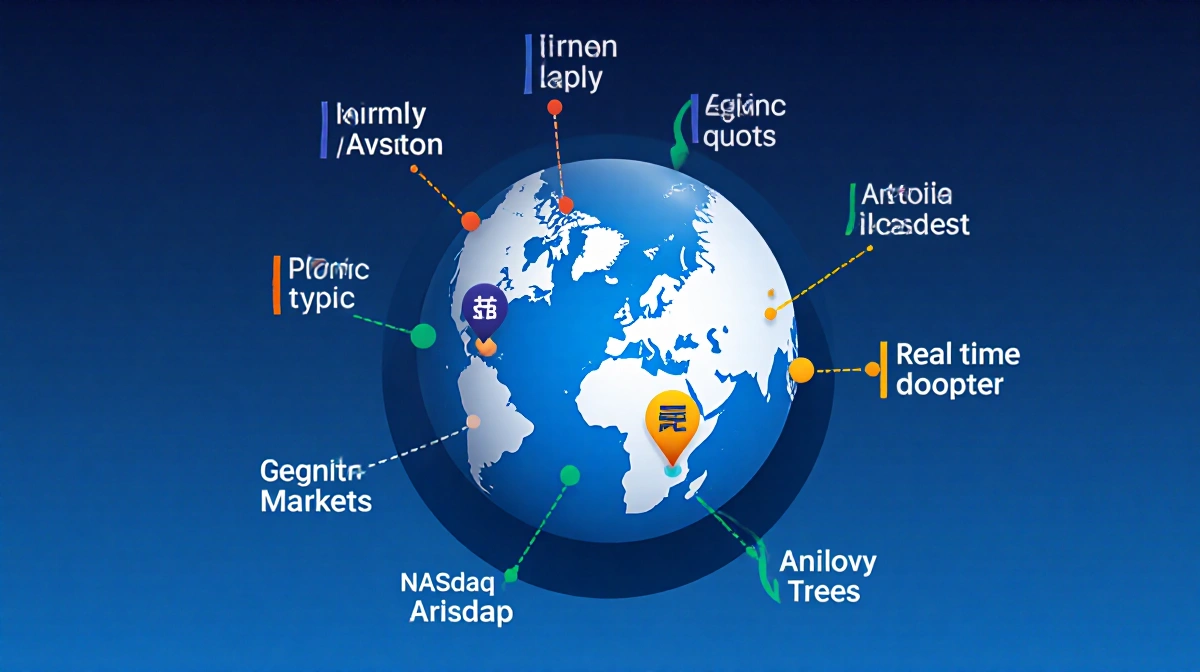 Stylized globe displaying Nasdaq ticker ^IXIC with colored market indicators and gradient showing real-time data sources