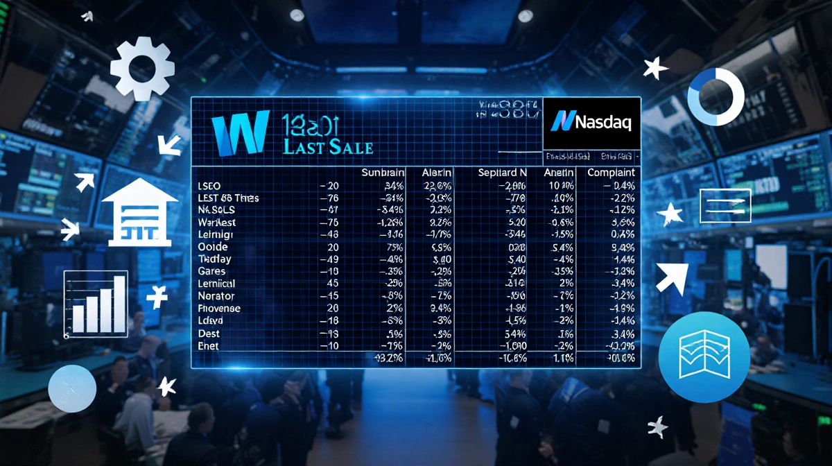 Large screen shows Nasdaq Last Sale prices with blue market icons and trading data feeds