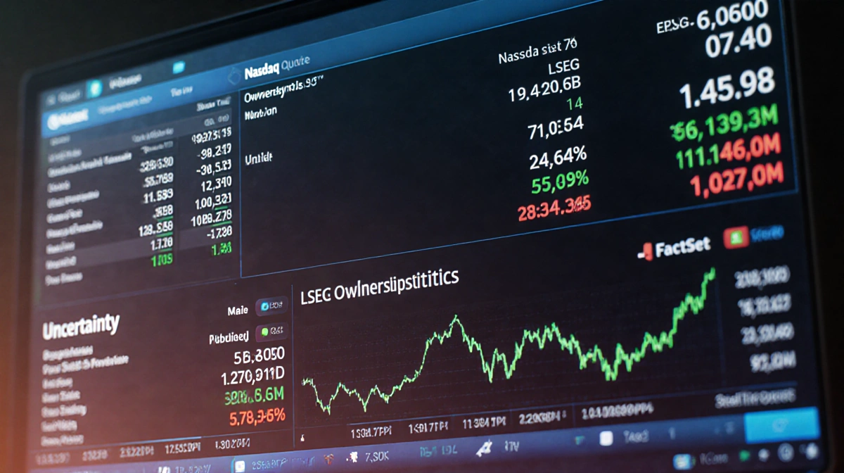 Digital screen showing Nasdaq data and LSEG statistics with earnings graph