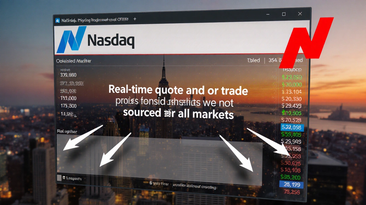 Computer screen shows Nasdaq stock data with red logo and disclaimer text warning about real-time market prices with city sun